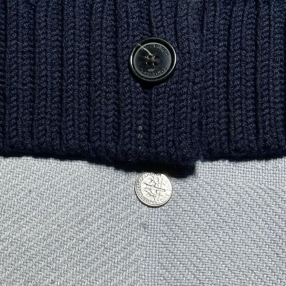 Tory Burch Black Blue Merino Wool Waffle Knit Cardigan‎ Sweater Women's Sz Large